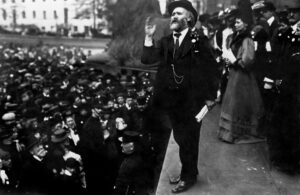 Historical photograph of Keir Hardie speaking at a rally