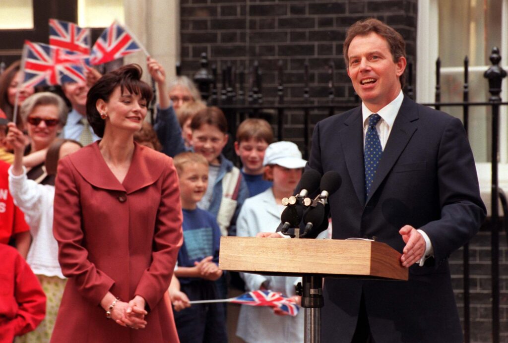 Tony Blair with Cherie Blair outside Downing St after winning the 1997 general election