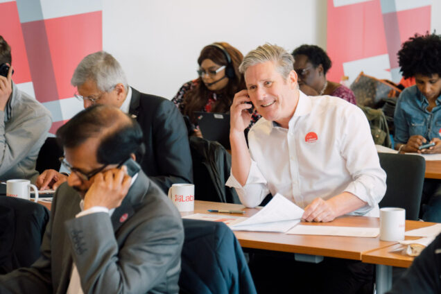 Keir Starmer participating on a phone bank with Labour campaigners