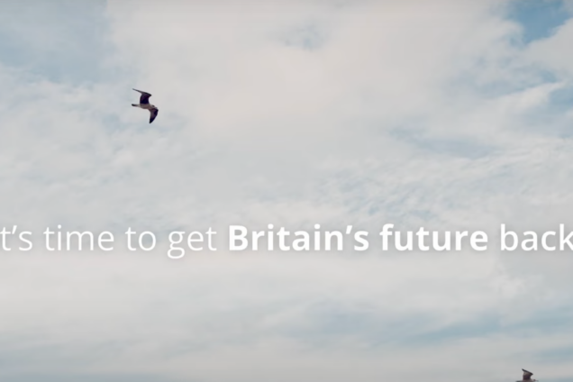 Text reading 'It's time to get Britain's future back' over picture of sky