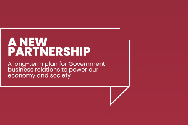 A dark red background with the words 'A new partnership' in white