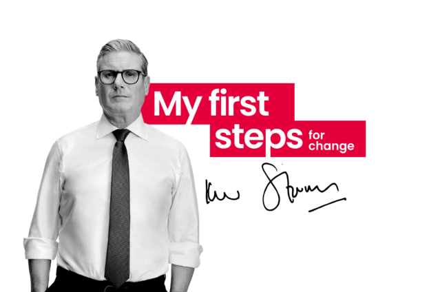 A photo of Keir Starmer next to the words 'My first steps for change', and his signature underneath.