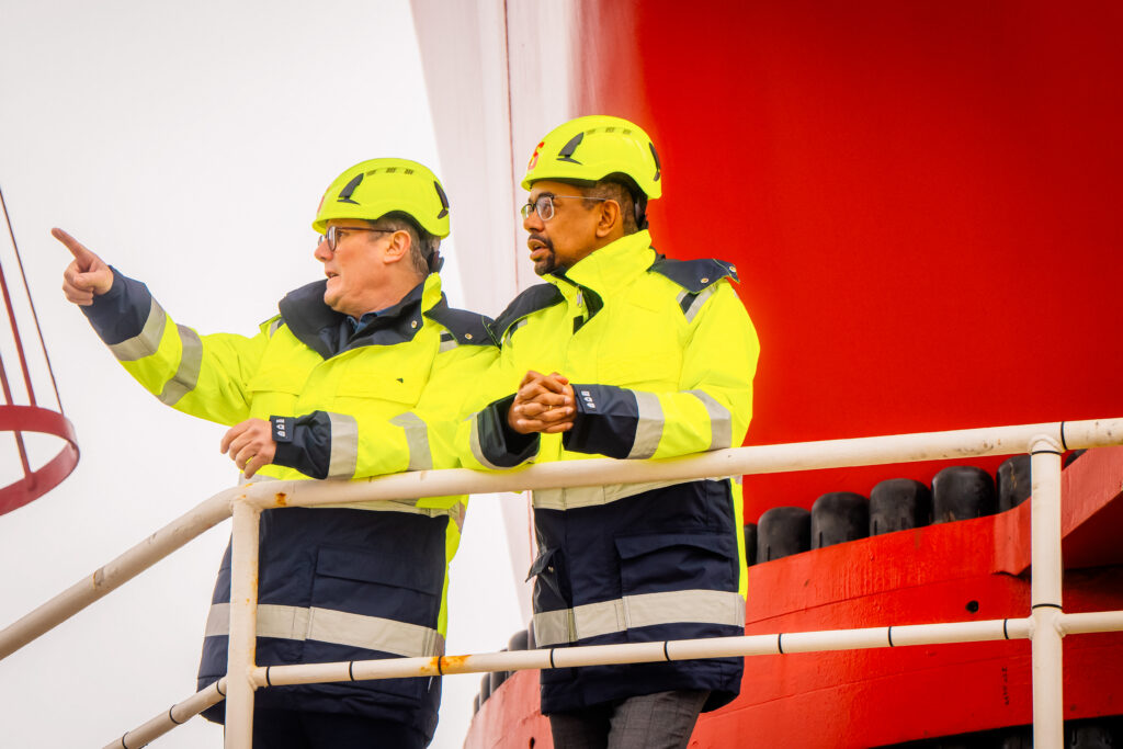 Keir Starmer during a visit to the Port of Holyhead, in North Wales, with Vaughan Gething