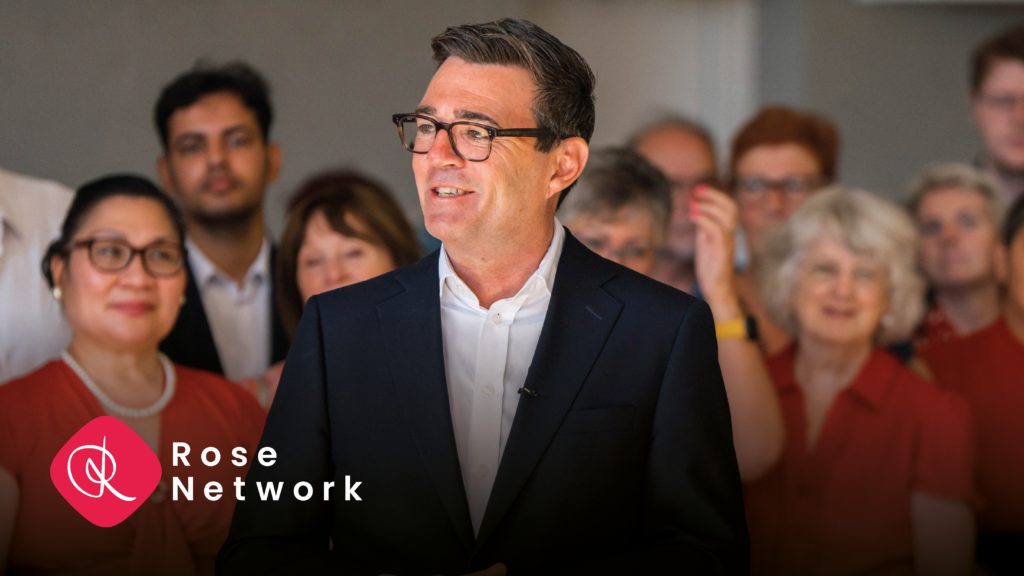 Photo of Andy Burnham smiling with the Rose Network logo